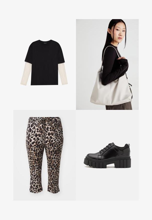 T-shirt preta de algodão, com mangas curtas sobre uma camada de mangas longas branca com um padrão texturizado subtil. Design de decote redondo.; Calças de estampa de leopardo com um cós elástico, comprimento cropped e tecido liso com tons de preto, castanho e bege.; Sapatos de plataforma em couro preto com um salto bloco robusto, bico redondo e design clássico de atacadores. Apresentam uma textura suave e detalhes mínimos.; Uma bolsa bege feita de material macio, com um design descontraído, detalhes de costura e duas alças para o ombro. Adequada para uso diário.