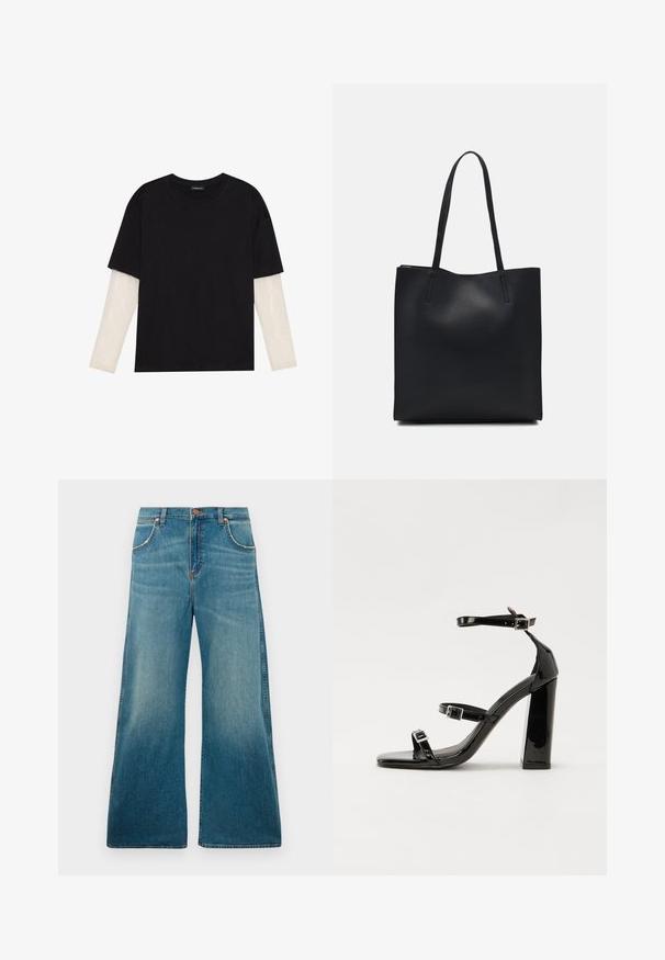 Black T-shirt made of cotton, featuring short sleeves over a white long-sleeve layer with a subtle textured pattern. Crew neckline design.; High-waisted blue denim jeans with wide legs, front pockets, button closure, and faded color gradient from waist to hem.; Black patent heeled sandals with a square toe, ankle straps, and silver buckles. Features a chunky block heel for stability.; Black leather tote bag with smooth texture, rectangular shape, and two long handles. No visible hardware or embellishments.