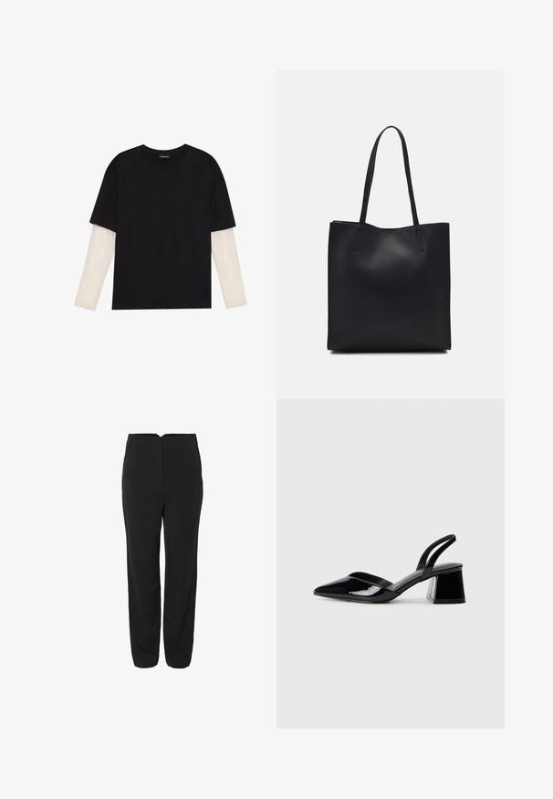 Black T-shirt made of cotton, featuring short sleeves over a white long-sleeve layer with a subtle textured pattern. Crew neckline design.; Black trousers with a straight-leg design, featuring two front pockets and a smooth texture. Subtle stitching details on the front.; Black patent leather slingback heels with a pointed toe and a geometric block heel. Features a sleek, minimal design and smooth texture.; Black leather tote bag with smooth texture, rectangular shape, and two long handles. No visible hardware or embellishments.