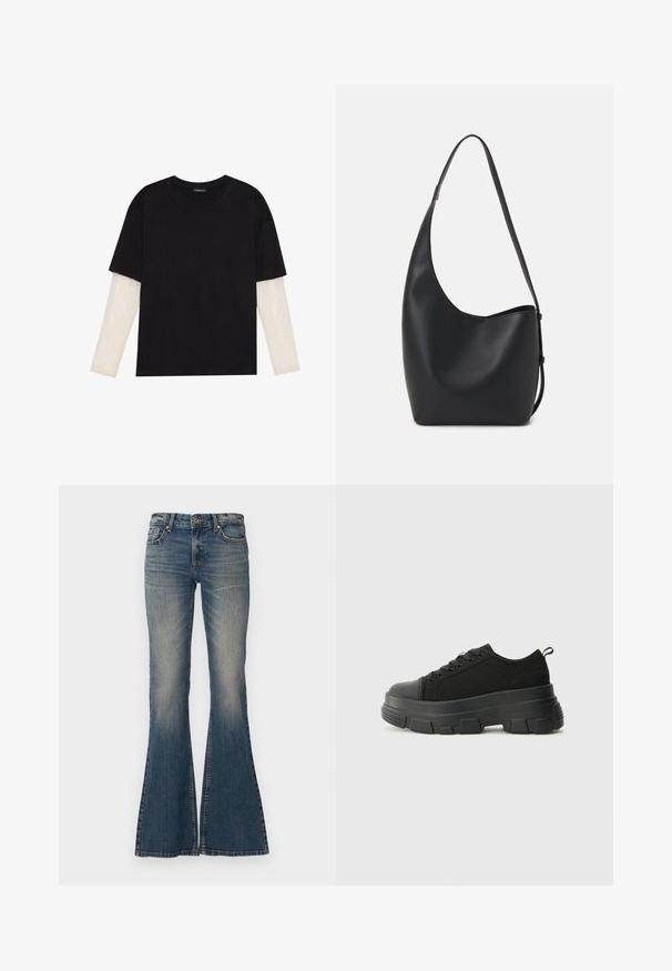 T-shirt noir en coton, avec des manches courtes sur une couche à manches longues blanche avec un motif texturé subtil. Col rond.; Jean bleus évasés en denim, avec une fermeture à bouton, un design à cinq poches et une finition délavée, dotés d'une large ouverture de jambe.; Baskets noires avec une semelle en caoutchouc épaisse, un dessus en tissu texturé, un bout rond et un design à lacets. Présente des œillets renforcés et une languette à l'arrière.; Sac hobo en cuir noir avec une texture lisse, une forme incurvée et une seule sangle réglable ; dispose d'une large ouverture en haut.