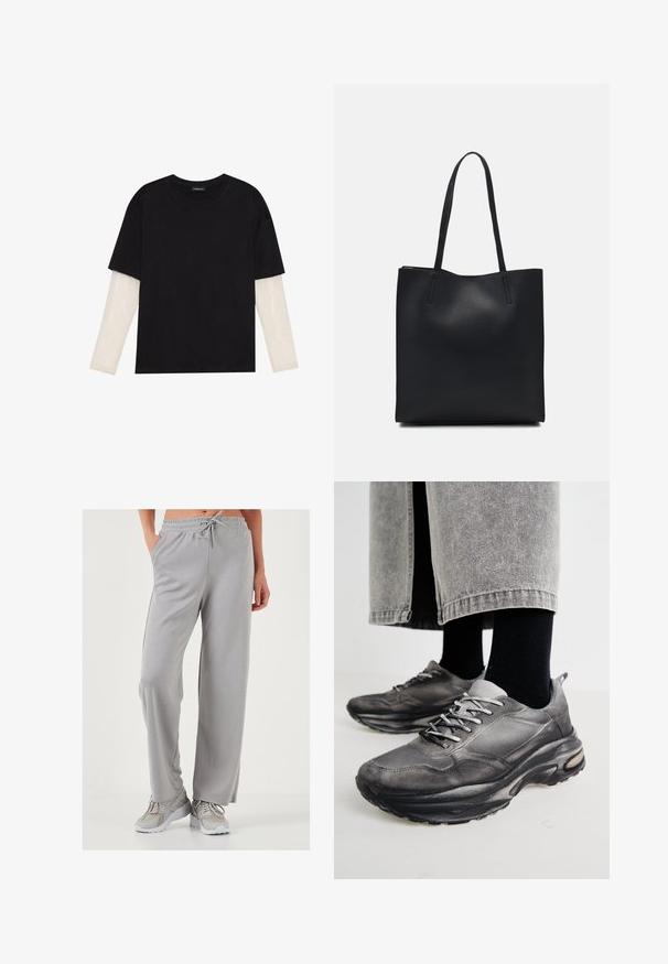 Black T-shirt made of cotton, featuring short sleeves over a white long-sleeve layer with a subtle textured pattern. Crew neckline design.; Light gray wide-leg sweatpants in soft, smooth fabric; features an elastic waistband with drawstring and side pockets.; Black and gray athletic shoes feature a mesh upper, thick soles, and laces. They have a rounded toe and visible cushioning detail.; Black leather tote bag with smooth texture, rectangular shape, and two long handles. No visible hardware or embellishments.