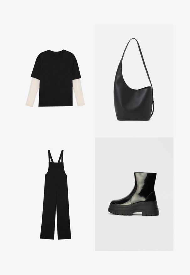 Black T-shirt made of cotton, featuring short sleeves over a white long-sleeve layer with a subtle textured pattern. Crew neckline design.; Black overalls made of soft fabric, featuring wide legs, two front pockets, and adjustable shoulder straps with button hardware.; Black glossy ankle boot with thick lug sole and rounded toe, side view on plain light gray background.; Black leather hobo bag with a smooth texture, curved shape, and single adjustable strap; features a wide opening at the top.