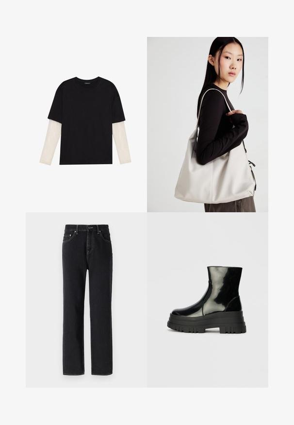 Črna majica iz bombaža s kratkimi rokavi, ki pokriva belo dolgi rokav z subtilnim teksturiranim vzorcem. Oblika izrezanega vratu.; Črne kavbojke iz denima s ravnim krojem, z vidnimi šivi, petimi žepi in sprednjim zapenjanjem na gumb.; Črne sijajne gležnjarje z debelim profilom podplata in zaobljenim nosom, stranski pogled na enostavni svetlo sivi ozadju.; Bežna torbica iz mehkega materiala, z ohlapno zasnovo, šivi in dvema naramnicama. Primerna za vsakodnevno uporabo.