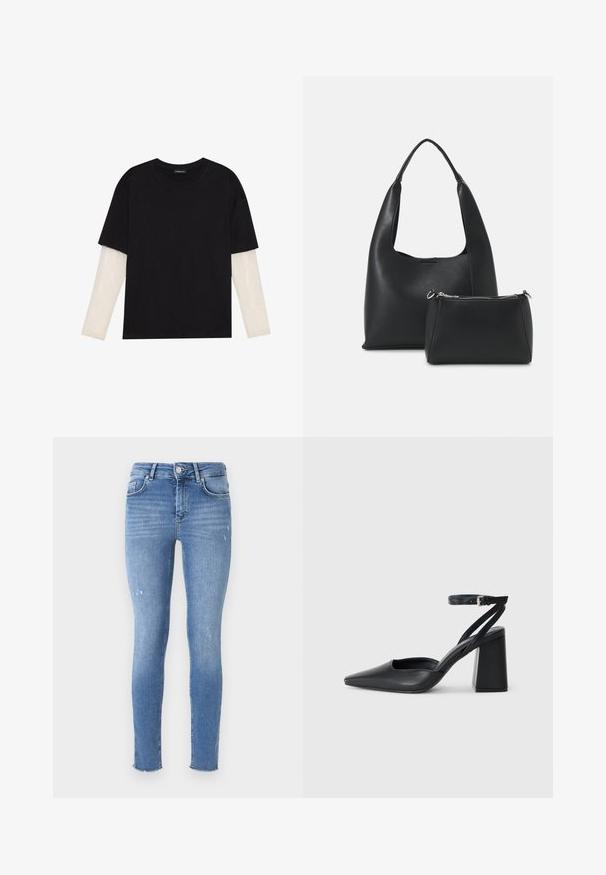 Melna kokvilnas T-kreklu ar īsām piedurknēm, virs baltas garām piedurknēm ar smalku teksturētu rakstu. Apaļas kakla izgriezuma dizains.; Tievās džinsās gaiši zilā denimā, ar vidēju jostas augstumu, nelielu noģēšanu uz ceļgaliem un neapstrādātu apakšmalu pie potītēm.; Melna ādas augstpapēžu kurpe ar norakstīto purngala formu, potītes siksniņu un masīlu papēdi. Gluda tekstūra, elegants dizains un minimālisma estētika.; Even&Odd Rokassoma - black