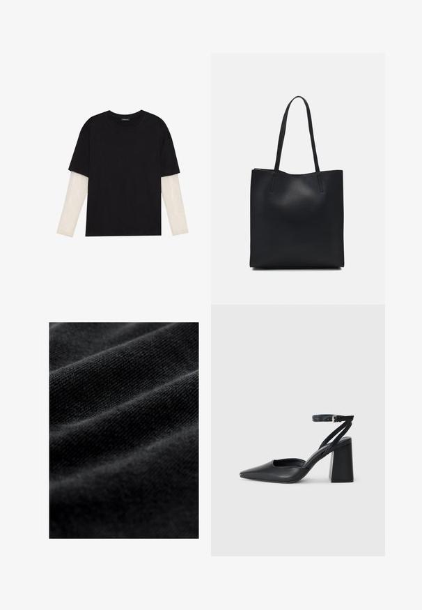 T-shirt nera in cotone con maniche corte sopra un sotto manica lunga bianca, caratterizzata da una sottile texture. Design con scollo rotondo.; Tessuto nero con una trama liscia e morbida, caratterizzato da pieghe orizzontali sottili e un motivo di tessitura uniforme. Nessun motivo o accento visibile.; Pump in pelle nera con punta affusolata, cinturino alla caviglia e tacco spesso. Texture piatta, design elegante ed estetica minimalista.; Borsa tote in pelle nera con texture liscia, forma rettangolare e due manici lunghi. Nessun hardware o decorazione visibile.