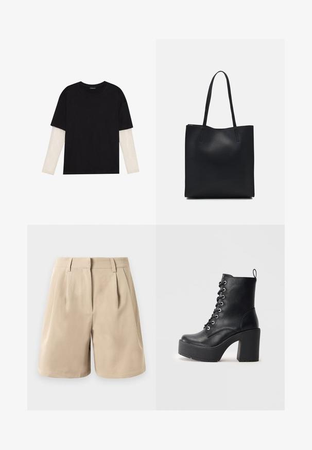 Czarny T-shirt wykonany z bawełny, z krótkimi rękawami na białej warstwie z długim rękawem z delikatnym teksturowanym wzorem. Projekt z okrągłym dekoltem.; Beżowe szorty o wysokim stanie, z dopasowanym krojem, z pętlami na pasek, fałdami z przodu i ukrytym zapięciem na przodzie na białym tle.; Czarne skórzane botki za kostkę z grubym słupkowym obcasem, sznurowanym przodem i teksturowaną powierzchnią. Posiadają pętelkę z tyłu dla łatwego zakładania.; Czarna skórzana torba tote o gładkiej fakturze, prostokątnym kształcie i dwóch długich uchwytach. Brak widocznych elementów metalowych i ozdób.