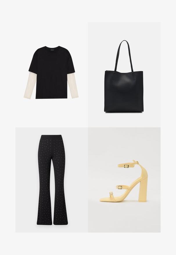 Black T-shirt made of cotton, featuring short sleeves over a white long-sleeve layer with a subtle textured pattern. Crew neckline design.; Black flared pants with evenly spaced small white dots and a plain waistband against a white background.; Yellow block-heeled sandals with three adjustable straps, square toe design, smooth synthetic material, and silver-tone buckles.; Black leather tote bag with smooth texture, rectangular shape, and two long handles. No visible hardware or embellishments.