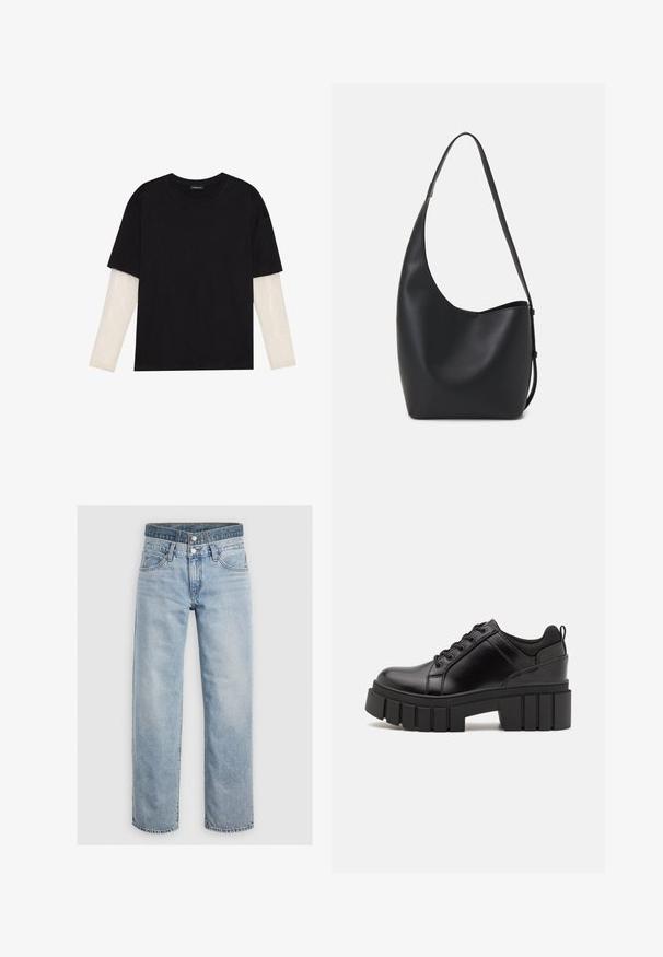 T-shirt preta de algodão, com mangas curtas sobre uma camada de mangas longas branca com um padrão texturizado subtil. Design de decote redondo.; Jeans de denim azul claro com pernas retas, dois bolsos frontais e fecho de botão. Apresentam áreas desbotadas e costuras subtis.; Sapatos de plataforma em couro preto com um salto bloco robusto, bico redondo e design clássico de atacadores. Apresentam uma textura suave e detalhes mínimos.; Saco hobo preto em pele com uma textura lisa, forma curva e uma única alça ajustável; apresenta uma abertura larga na parte de cima.