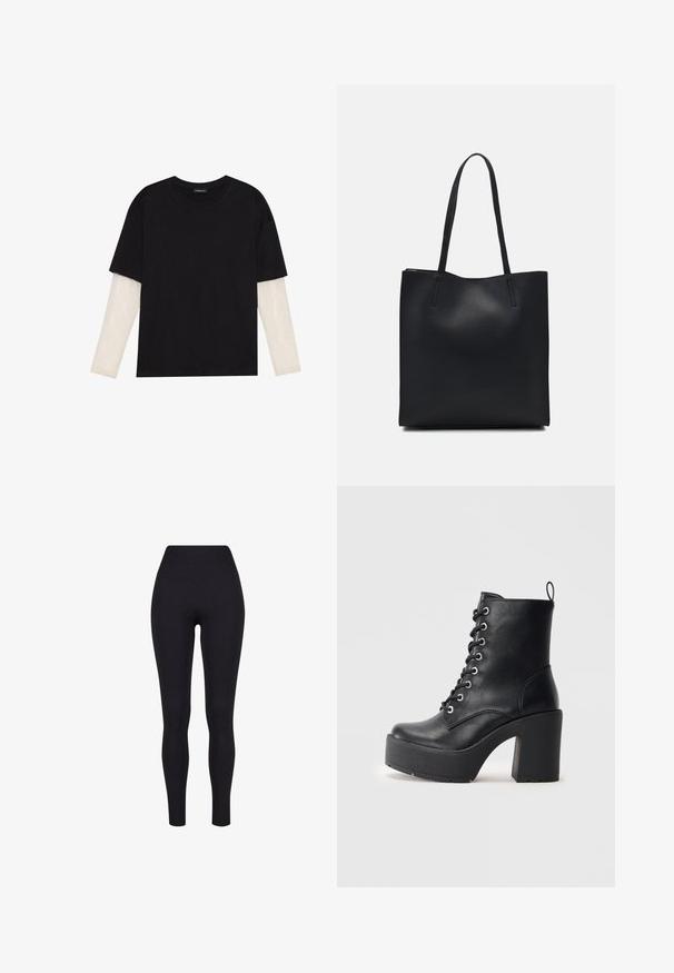 Melna kokvilnas T-kreklu ar īsām piedurknēm, virs baltas garām piedurknēm ar smalku teksturētu rakstu. Apaļas kakla izgriezuma dizains.; Melnas augsta vidukļa legingas, izgatavotas no elastīga auduma, ar gludu tekstūru un piegulošu dizainu bez redzamām šuvēm vai rakstiem.; Melnas ādas potītes zābaki ar masīvu blokveida papēdi, auklu aizdari un teksturētu virsmu. Iekļauts aizmugurē esošs cilpiņas elements vieglai uzvilkšanai.; Melnas ādas somiņa ar gludu tekstūru, taisnstūra formu un divām garām rokturiem. Nav redzamu aparatūras vai rotājumu.