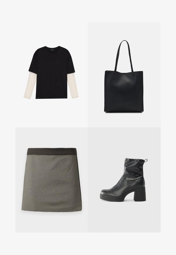 Fekete pamut póló, rövid ujjal, fehér hosszú ujjú réteg fölött, finom textúrával. Kerek nyakkivágású dizájn.; Fekete és krémszínű kockás szoknya egyszínű fekete derékkal. Egyenes szabású, sima textúrájú és egységes minta jellemzi.; Fekete bokacsizmák sima bőrből, oldalsó cipzárral, vastag, texturált sarkú és lekerekített orrú dizájnnal.; Fekete bőrtáska sima felszínnel, téglalap alakú, két hosszú füllel. Nincs látható fémkiegészítő vagy díszítés.