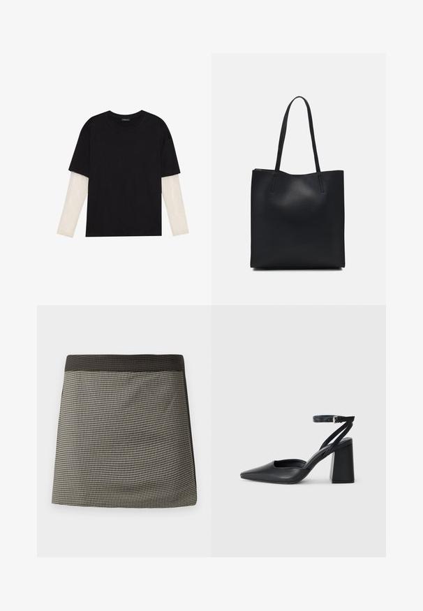Fekete pamut póló, rövid ujjal, fehér hosszú ujjú réteg fölött, finom textúrával. Kerek nyakkivágású dizájn.; Fekete és krémszínű kockás szoknya egyszínű fekete derékkal. Egyenes szabású, sima textúrájú és egységes minta jellemzi.; Fekete bőr, hegyes orrú magassarkú cipő boka pánttal és vastag sarokkal. Sima textúra, elegáns dizájn és minimális esztétika.; Fekete bőrtáska sima felszínnel, téglalap alakú, két hosszú füllel. Nincs látható fémkiegészítő vagy díszítés.