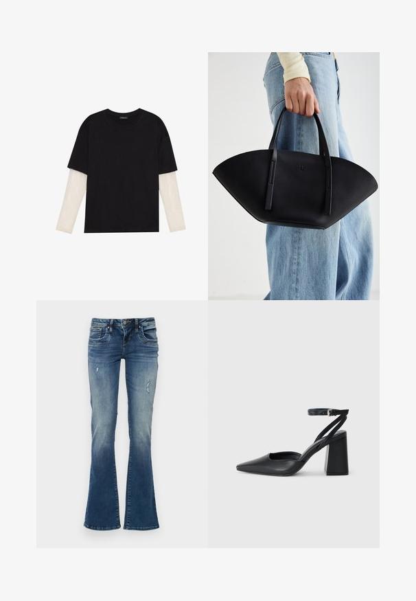T-shirt preta de algodão, com mangas curtas sobre uma camada de mangas longas branca com um padrão texturizado subtil. Design de decote redondo.; Jeans de ganga flare em azul médio com áreas desbotadas e detalhes desgastados. Apresenta cinco bolsos e um fecho de correr com botão.; Sandal com biqueira afilada em couro preto, com cinta no tornozelo e salto grosso. Textura lisa, design elegante e estética minimalista.; Bolsa de mão em couro preto com uma forma única em leque, apresentando alças planas. A superfície tem uma textura pebble e um design minimalista.