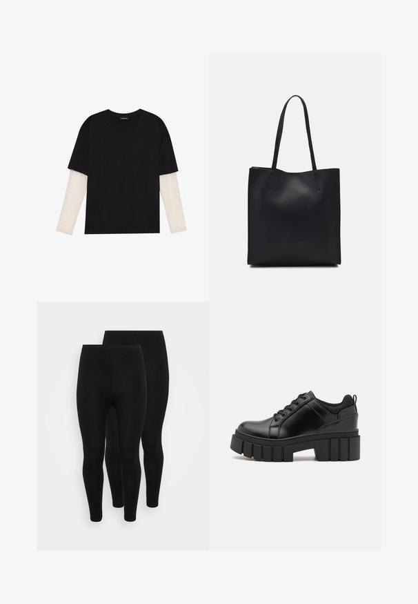 Tricou negru din bumbac, cu mâneci scurte, peste un strat alb cu mâneci lungi, având un model texturat subtil. Design cu guler rotund.; Colanți negri, dintr-un material elastic, cu un design ajustat. Au o textură netedă și o talie elastică. Două perechi expuse.; Pantofi cu talpă plată din piele neagră, cu toc gros, vârf rotund și design tradițional cu șireturi. Prezintă o textură netedă și detalii minime.; Geantă tote neagră din piele, cu textură netedă, formă rectangulară și două mânere lungi. Fără hardware vizibil sau ornamente.
