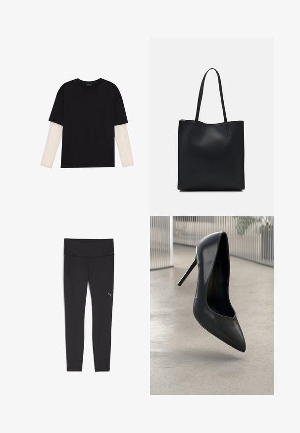 Mustmust särk, mis on valmistatud puuvillast, lühikeste varrukatega, valge pika varrukaga kihi peal, millel on peene tekstuuriga muster. Ümar kaelus.; Mustad mustad spordleggingsid kõrge vöökohtaga, valmistatud siledast ja venivast kangast. Vasakul puusal on väike peegeldav logo.; Must musta must veelne jaotusega kontsad. Sujuv tekstuur ja minimalistlik stiil.; Mustast nahast kott sujuva tekstuuriga, ristkülikukujuline ja kahe pika sangaga. Pole nähtavat riistvara ega kaunistusi.