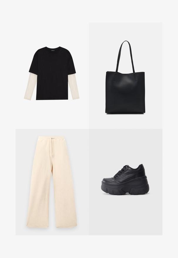 Črna majica iz bombaža s kratkimi rokavi, ki pokriva belo dolgi rokav z subtilnim teksturiranim vzorcem. Oblika izrezanega vratu.; Široke hlače v svetlo bež barvi, narejene iz teksturirane tkanine. Imajo elastičen pas s vrvico. Preprost, neokrašen dizajn.; Črne vezalke čevlji s debelim podplatom, z gladkim usnjem na vrhu, okroglo konico in izrazitim plastastim oblikovanjem podplata.; Črna usnjena torba s svilnato teksturo, pravokotne oblike in dvema dolgima ročajema. Brez vidnih metalnih delov ali okrasnih elementov.