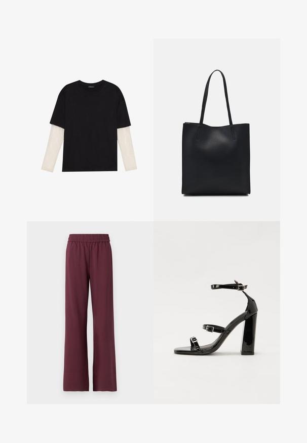 Black T-shirt made of cotton, featuring short sleeves over a white long-sleeve layer with a subtle textured pattern. Crew neckline design.; Burgundy wide-leg pants with an elastic waistband, made from soft fabric, featuring a smooth texture and a relaxed fit.; Black patent heeled sandals with a square toe, ankle straps, and silver buckles. Features a chunky block heel for stability.; Black leather tote bag with smooth texture, rectangular shape, and two long handles. No visible hardware or embellishments.