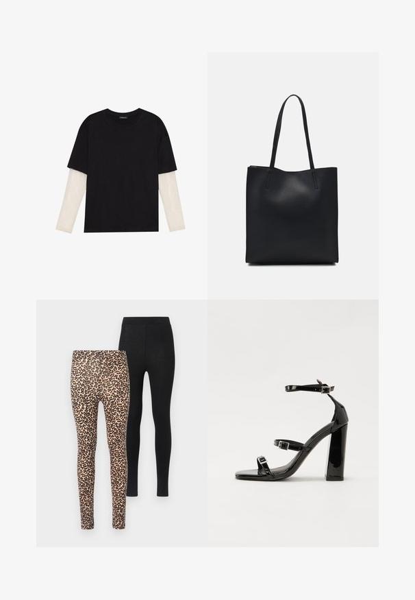 Juodas medvilninis marškinėliai su trumpomis rankovėmis, virš baltos ilgo rankovio sluoksnio, turinčio subtilų tekstūrinį raštą. Apvalus iškirpimas.; Du komplektai legginsų: vieni su smėlio spalvos fonu ir juodu leopardų raštu, kiti visiškos juodos spalvos. Abu turi prigludusią dizainą ir elastingą juosmenį.; Juoda blizgi lakuota basutė su kvadratiniu pirštu, kulkšnies dirželiais ir sidabro sagtimis. Yra tvirta blokinė kulno konstrukcija, užtikrinanti stabilumą.; Juodas odinis tote krepšys su lygia tekstūra, stačiakampio formos ir dviem ilgais rankenomis. Matomų metalinių detalių ar puošybos nėra.