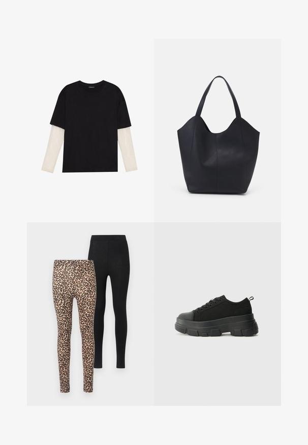 Črna majica iz bombaža s kratkimi rokavi, ki pokriva belo dolgi rokav z subtilnim teksturiranim vzorcem. Oblika izrezanega vratu.; Dve para leginsov: ene z bežnim ozadjem in črnim leopardskim vzorcem, druge pa enobarvne črne. Obe imata prilegajoč dizajn in elastičen pas.; Črne teniske z debelim gumijastim podplatom, zgornji del iz teksturirane tkanine, okrogla punta in zavezovanje z vrvicami. Vključujejo ojačane luknje za vrvice in zanko na hrbtu.; Črna torba v obliki tote iz gladke usnjene površine, ki ima ukrivljen odprt vrh z dvema naramnicama in minimalističnim dizajnom.