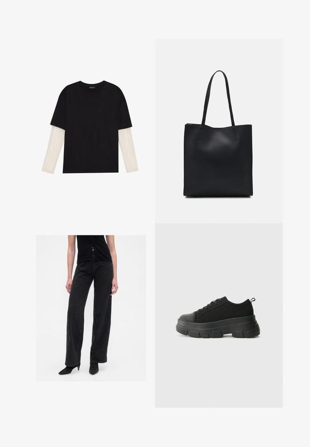 Črna majica iz bombaža s kratkimi rokavi, ki pokriva belo dolgi rokav z subtilnim teksturiranim vzorcem. Oblika izrezanega vratu.; Visoke črne kavbojke z sproščenim krojem, izdelane iz jeansa, z sprednjimi žepi, gumbasto zaponko in ravnim krojem nog. ; Črne teniske z debelim gumijastim podplatom, zgornji del iz teksturirane tkanine, okrogla punta in zavezovanje z vrvicami. Vključujejo ojačane luknje za vrvice in zanko na hrbtu.; Črna usnjena torba s svilnato teksturo, pravokotne oblike in dvema dolgima ročajema. Brez vidnih metalnih delov ali okrasnih elementov.
