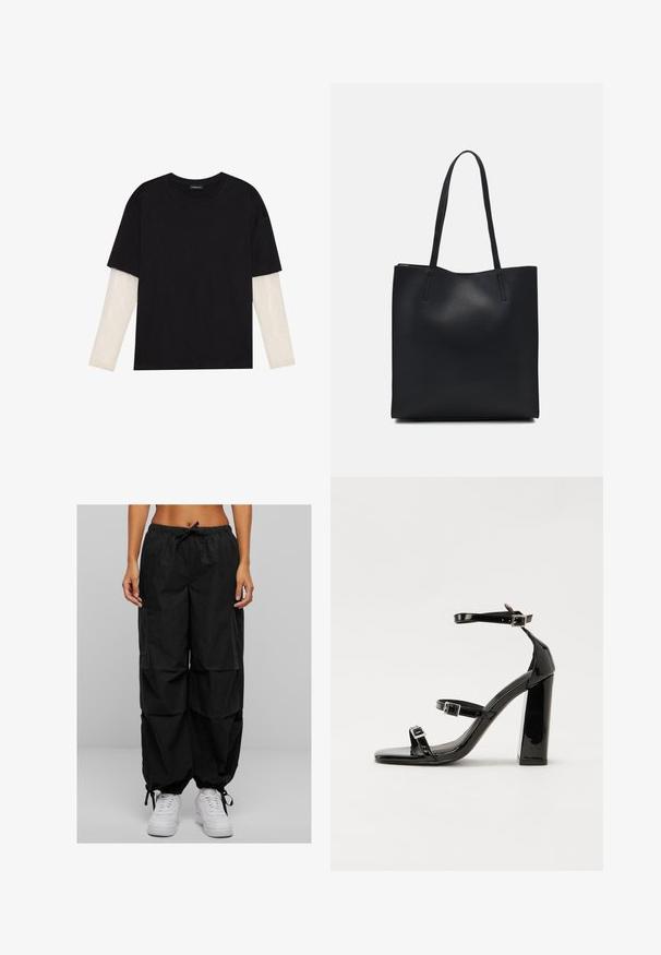 Svart T-skjorte laget av bomull, med korte ermer over et hvitt langermet lag med en subtil teksturert mønster. Rund hals design.; Svarte cargo bukser har strikk i midjen, løs passform og flere lommer. Stoffet ser lett ut med en matt tekstur. Kombinert med hvite sneakers.; Svart høyglans sandaler med hæl, firkantet tå, ankelremmer og sølvspenner. Har en kraftig blokkhæl for stabilitet.; Svart lær tote bag med glatt tekstur, rektangulær form og to lange håndtak. Ingen synlige deler eller dekorasjoner.