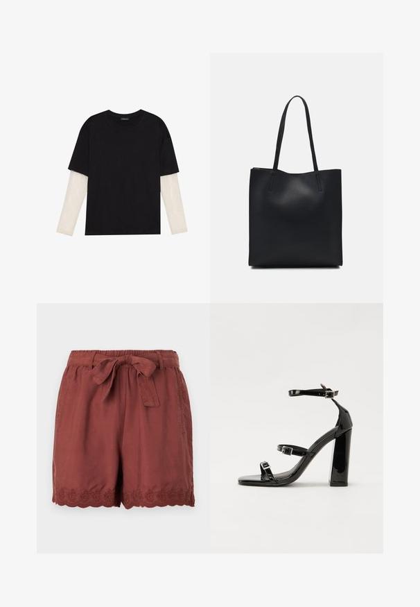 T-shirt preta de algodão, com mangas curtas sobre uma camada de mangas longas branca com um padrão texturizado subtil. Design de decote redondo.; Calções cor de ferrugem feitos de um tecido leve, apresentando uma cintura elástica com cordão de atar e intrincados bordados com bainha ondulada na barra.; Sandálias de tacão preto laqueadas com bico quadrado, tiras para o tornozelo e fivelas prateadas. Apresentam um salto bloco chunky para estabilidade.; Bolsa tote preta em couro com textura lisa, forma retangular e duas alças longas. Sem hardware ou enfeites visíveis.