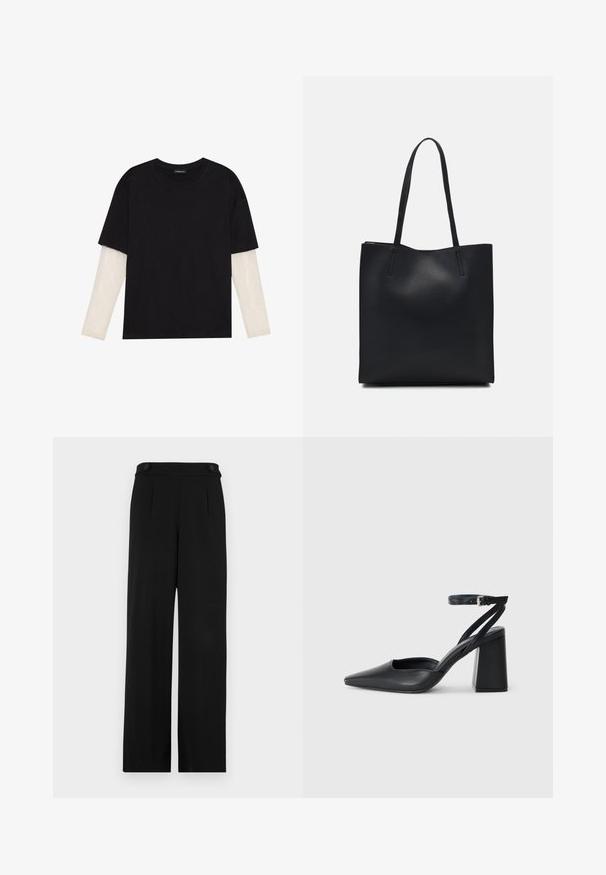 Čierne tričko z bavlny, s krátkymi rukávmi cez biele tričko s dlhým rukávom, s jemným textúrovaným vzorom. Design s okrúhlym výstrihom.; Čierne široké nohavice so plochým predným dielom, dvoma gombíkmi v páse a hladkou textúrou látky. Strih na mieru s skladmi pre tvarovanie.; Čierne kožené lodičky s špicatou špičkou a členkovým remienkom, s masívnym podpätkom. Hladký povrch, elegantný dizajn a minimalistická estetika.; Čierna kožená taška na rameno s hladkým povrchom, obdĺžnikovým tvarom a dvoma dlhými uchami. Bez viditeľného kovania alebo ozdôb.