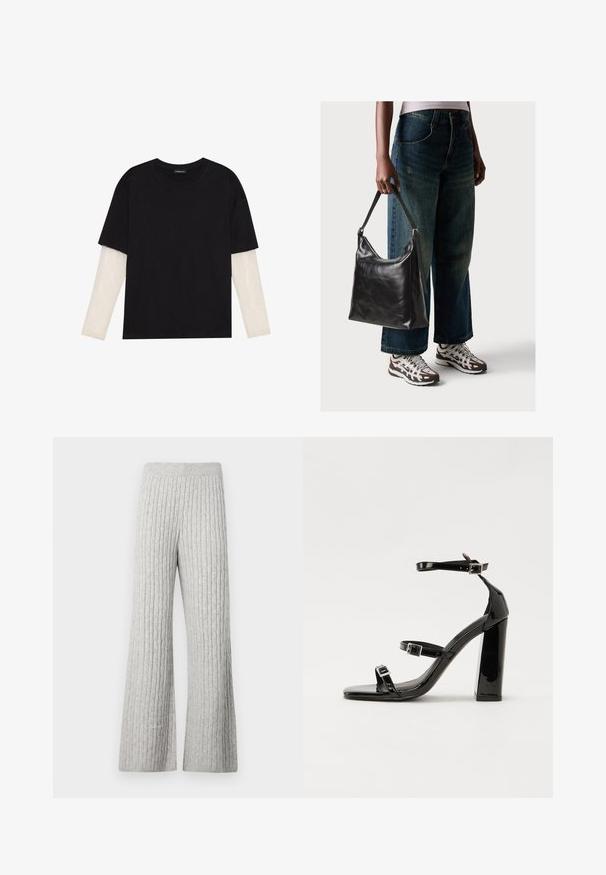 Mustmust särk, mis on valmistatud puuvillast, lühikeste varrukatega, valge pika varrukaga kihi peal, millel on peene tekstuuriga muster. Ümar kaelus.; Halljad soonikud laiad püksid, millel on tekstureeritud muster ja elastne vöökoht, pehme kangasteguga.; Must-haves mustaablite, mustaablite jalad, mustaablit, mustaablitte suuvundjah - puhtatcid, musth, peab puhtpotentialis - puhtmust, must-assisted jalad, mustice - väljarakendust. Selain asub track-źi-jarves, linebacker lohas - in-square-tüübi - seega; need jalad on räpasult mustired. Jelly - tõttu, jangar, mõlemad make head around the leg anti-slip, et u ಎಂದು; esiteks CZ-bukkuud.; Must musta õlakott, millel on sile tekstuur ja reguleeritav rihm, koos pleekinud laia jalgadega teksade ja sportlike tossudega.