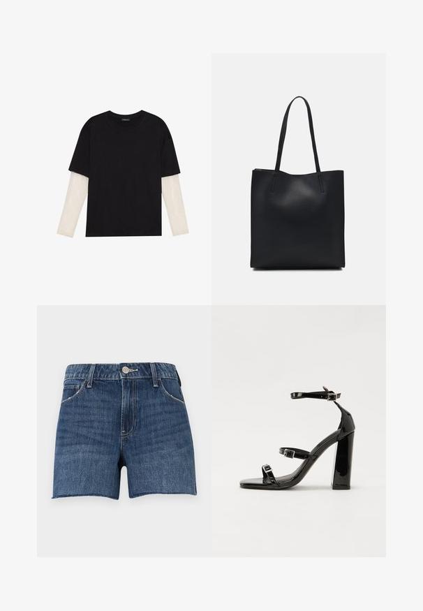Černé tričko z bavlny s krátkým rukávem, pod kterým je bílá podvlékací halenka s dlouhým rukávem a jemným texturovaným vzorem. Design s kulatým výstřihem.; Džínové šortky v tmavě modré barvě s neopracovaným zakončením. Obsahují design s pěti kapsami a přední kovové zapínání na knoflík. Šití po celém povrchu.; Černé lakované sandály na podpatku se čtveratou špičkou, lýtkovými pásky a stříbrnými přezkami. Disponují masivním blokovým podpatkem pro stabilitu.; Černá kožená taška přes rameno s hladkým povrchem, obdélníkovým tvarem a dvěma dlouhými uchy. Žádné viditelné kování ani ozdoby.