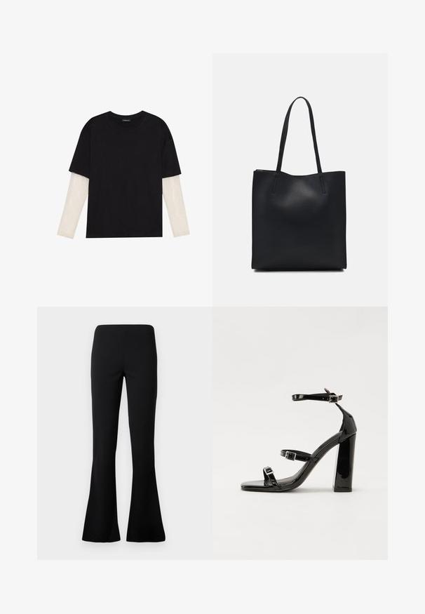 Svart T-skjorte laget av bomull, med korte ermer over et hvitt langermet lag med en subtil teksturert mønster. Rund hals design.; Svart høy midje bukser med tettsittende topp og vide ben, vist mot en enkel hvit bakgrunn.; Svart høyglans sandaler med hæl, firkantet tå, ankelremmer og sølvspenner. Har en kraftig blokkhæl for stabilitet.; Svart lær tote bag med glatt tekstur, rektangulær form og to lange håndtak. Ingen synlige deler eller dekorasjoner.