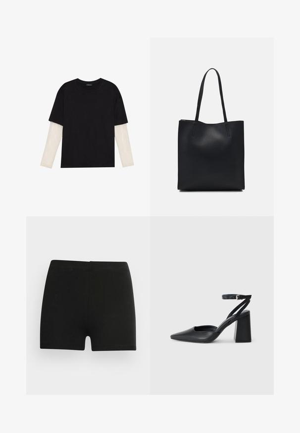 Crni majica od pamuka, s kratkim rukavima preko bijele dugorukave slojevite s suptilnim teksturiranim uzorkom. Dizajn s okruglim izrezom.; Crne pamučne kratke hlače s prilagođenim dizajnom i elastičnom strukom. Glatka tekstura, dužina do sredine butina, bez vidljivih uzoraka ili detalja.; Crne kožne cipele s špicastim vrhom, remenom oko gležnja i debelim potplatom. Ravna tekstura, elegantan dizajn i minimalistička estetika.; Crna kožna torba za nošenje s glatkom teksturom, pravokutnim oblikom i dvije duge ručke. Nema vidljivih metalnih dijelova ili ukrasa.