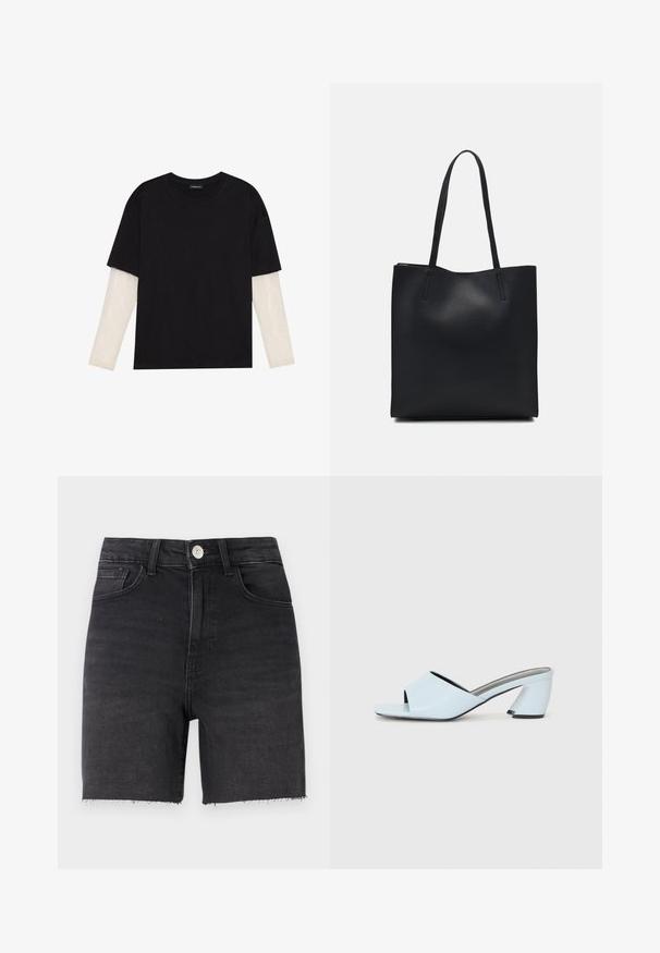 Črna majica iz bombaža s kratkimi rokavi, ki pokriva belo dolgi rokav z subtilnim teksturiranim vzorcem. Oblika izrezanega vratu.; Črne široke kratke hlače iz denima s prilegajočim dizajnom, ravnim krojem, strganim robom, petimi žepi in kovinskim gumbom za zapiranje v pasu.; Svetlo modre sandale na peto z odprtim prstom in geometrijskim vzorcem, ki imajo širok trak čez nogo in masiven, kotni višji del.; Črna usnjena torba s svilnato teksturo, pravokotne oblike in dvema dolgima ročajema. Brez vidnih metalnih delov ali okrasnih elementov.