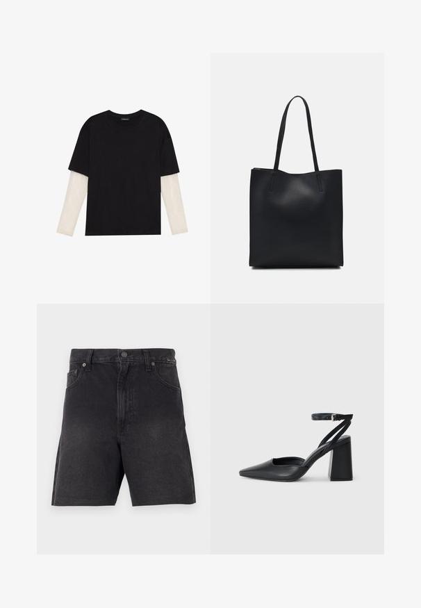 Svart T-skjorte laget av bomull, med korte ermer over et hvitt langermet lag med en subtil teksturert mønster. Rund hals design.; Sorte denimshorts med rett snitt, med knappelukking, frontlommer og teksturert stoff. Minimalistisk design uten synlige mønstre.; Svart lær pumps med spiss tå, ankelrem og kraftig hæl. Flat tekstur, strømlinjeformet design og minimalisme.; Svart lær tote bag med glatt tekstur, rektangulær form og to lange håndtak. Ingen synlige deler eller dekorasjoner.