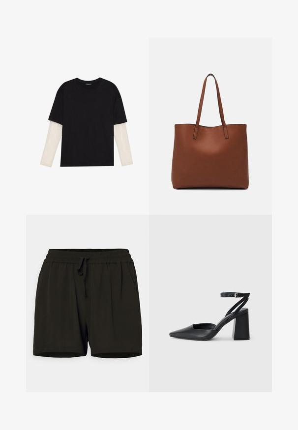 Mustmust särk, mis on valmistatud puuvillast, lühikeste varrukatega, valge pika varrukaga kihi peal, millel on peene tekstuuriga muster. Ümar kaelus.; Mustad lühikesed püksid, millel on elastne vöökoht ja nöör, kahe külje taskuga ning lõdva lõikega, valmistatud pehmest kangast.; Mustmustest must-käigukingad, millel on konksuga nöör ja paks konts. Ühtlane tekstuur, stiilne disain ja minimalistlik esteetika.; Pruun nahast tote-kott, millel on sile tekstuur, avatud ülaosa disain ja kaks õlarihma. Omab minimaalset õmblust ja nähtavat riistvara ei ole.