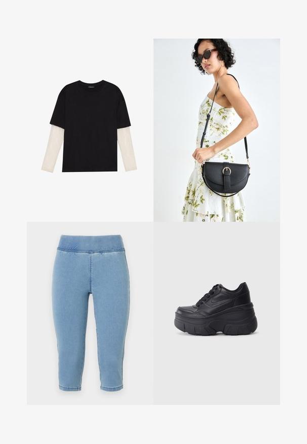 Schwarzes T-Shirt aus Baumwolle mit kurzen Ärmeln über einer weißen Langarmschicht, die ein dezentes strukturiertes Muster aufweist. Rundhalsausschnitt.; Hellblaue Denim-Caprihosen mit elastischem Bund, die eine glatte Textur und genähte Nähte aufweisen und knapp unterhalb der Wade enden.; Schwarze Schnürsneaker mit einer klobigen Sohle, ausgestattet mit einem glatten Leder-Obermaterial, runder Zehenpartie und markantem, geschichteten Plattformdesign.; Schwarze Lederhandtasche mit geschwungener Form, abnehmbarem Tragegurt und goldenen Beschlägen. Die Tasche verfügt über einen Deckel mit einer Schnallen-Details.