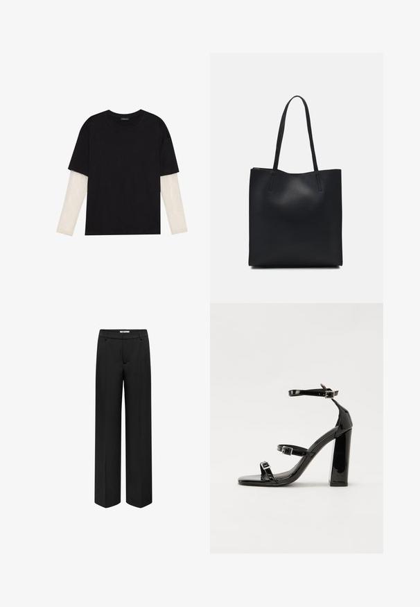 Black T-shirt made of cotton, featuring short sleeves over a white long-sleeve layer with a subtle textured pattern. Crew neckline design.; ONLY BERRY HW WIDE TLR - Trousers - black; Black patent heeled sandals with a square toe, ankle straps, and silver buckles. Features a chunky block heel for stability.; Black leather tote bag with smooth texture, rectangular shape, and two long handles. No visible hardware or embellishments.
