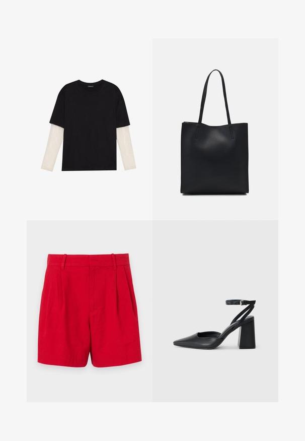 Camiseta negra de algodón, con mangas cortas sobre una capa blanca de manga larga con un patrón texturizado sutil. Diseño de escote redondeado.; Pantalones cortos de lino rojos con una cintura alta, que presentan pliegues frontales, pasadores para cinturón y una textura suave. Ajuste regular con un diseño limpio y a medida.; Zapato de tacón puntiagudo de cuero negro con tira en el tobillo y tacón ancho. Textura plana, diseño elegante y estética minimalista.; Bolso tote de cuero negro con textura lisa, forma rectangular y dos asas largas. Sin herrajes ni adornos visibles.
