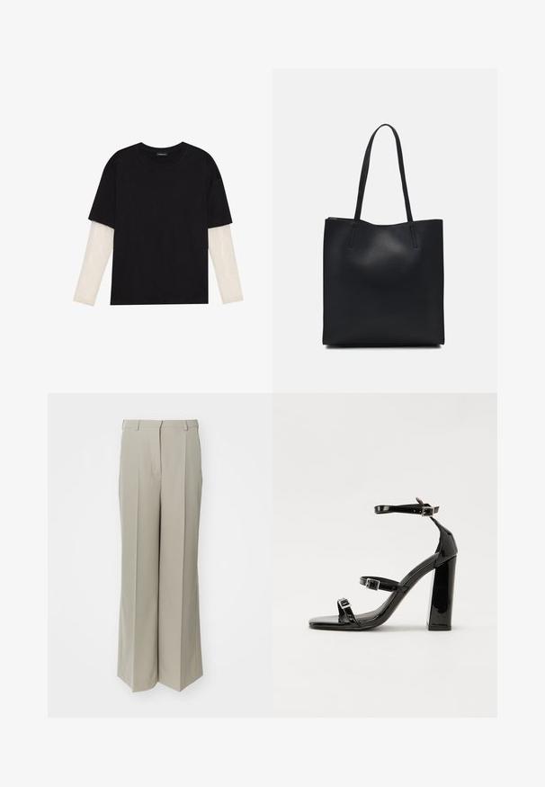 Black T-shirt made of cotton, featuring short sleeves over a white long-sleeve layer with a subtle textured pattern. Crew neckline design.; Beige wide-leg trousers made of smooth fabric, featuring a high waist, sharp creases, and two front pockets.; Black patent heeled sandals with a square toe, ankle straps, and silver buckles. Features a chunky block heel for stability.; Black leather tote bag with smooth texture, rectangular shape, and two long handles. No visible hardware or embellishments.