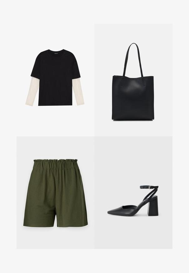 Črna majica iz bombaža s kratkimi rokavi, ki pokriva belo dolgi rokav z subtilnim teksturiranim vzorcem. Oblika izrezanega vratu.; Temnozeleni kratki hlače z elastičnim pasom in sproščenim krojem brez žepov. Narejene iz mehkega, lahkega materiala.; Črne usnjene klasične čevlje z ostrim nosom, z zaponko za gleženj in debelim peto. Ravna tekstura, eleganten dizajn in minimalistična estetika.; Črna usnjena torba s svilnato teksturo, pravokotne oblike in dvema dolgima ročajema. Brez vidnih metalnih delov ali okrasnih elementov.