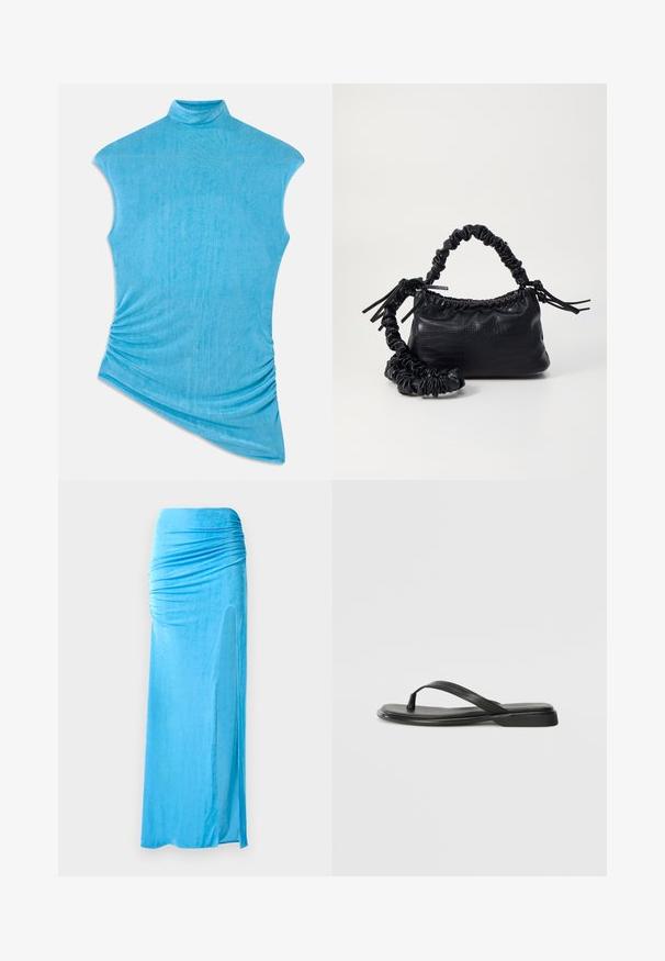 Modra brezrokavnica iz mehkega, teksturiranega blaga. Ima visok ovratnik in asimetričen dizajn z nabranimi detajli na eni strani.; Modra velvet maxi krilo z nabranimi detajli na pasu, s stranskim razporkom in gladko teksturo za tekoč silhueto.; Črne japanke iz gladke usnjene materiale, z tankim trakastim dizajnom in ravnim podplatom minimalnega profila. Brez opaznih vzorcev ali dodatkov.; Črna torbica iz umetnega usnja s krokodilovo teksturo, z zvitim vrhom in zmečkano naramico. Zdi se mehka in kompaktna v oblikovanju.