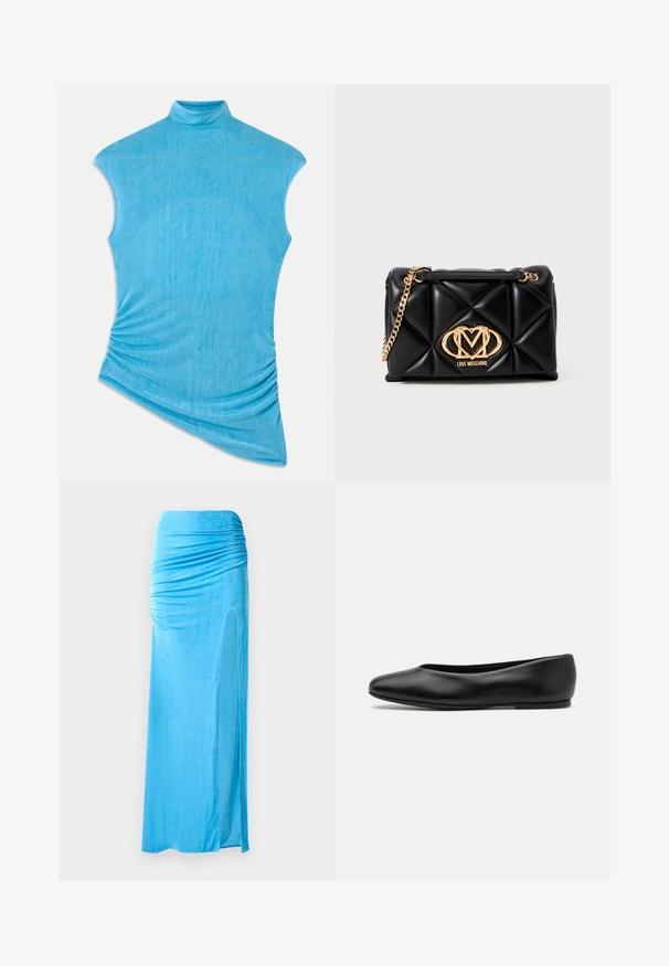 Top azul sem mangas feito de um tecido suave e texturizado. Apresenta um colarinho alto e um design assimétrico com detalhes franzidos de um lado.; Saia maxi em velour azul com detalhes franzidos na cintura, apresentando uma abertura lateral e uma textura suave para uma silhueta fluida.; Paul Smith TOPANGA - Sabrinas - black; Bolsa preta acolchoada com alça de corrente dourada. Apresenta detalhes do logótipo dourado na parte da frente. Feita de material sintético com formato retangular.