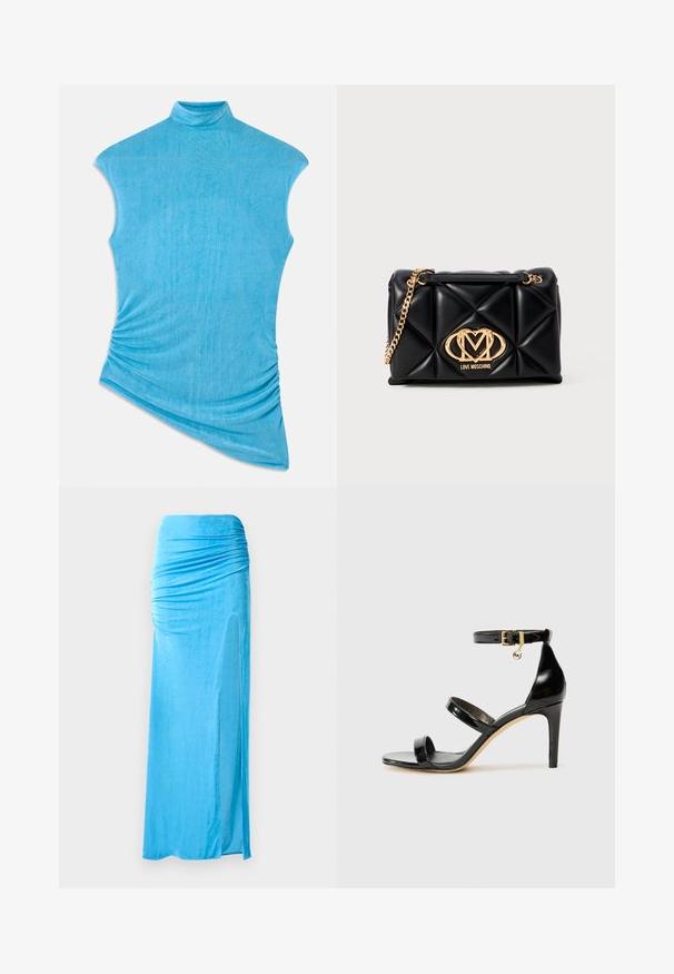 Blue sleeveless top made of soft, textured fabric. Features a high collar and asymmetrical design with gathered detailing on one side.; Blue velour maxi skirt with gathered detailing at the waist, featuring a side slit and smooth texture for a flowing silhouette.; Black patent leather sandal with three straps, ankle buckle, and 4-inch stiletto heel. Features gold hardware detail and logo charm.; Black quilted handbag with gold chain strap. Features gold logo detailing on front. Made of synthetic material with a rectangular shape.