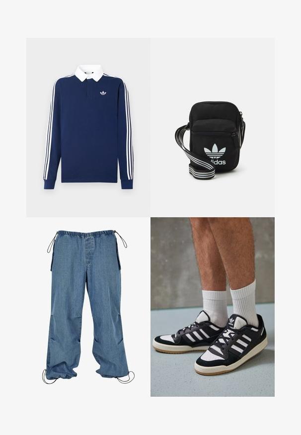 Tamsiai mėlynas polo marškinėliai ilgomis rankovėmis, medvilnės audinys, balti apykaklė, klasikinės trys baltos juostelės rankovėse, maža logotipas ant krūtinės.; Šviesiai mėlynos džinsinės kelnės su elastinga juosmens juosta, su raišteliais prie kojų ir šoninėmis kišenėmis. Audinys atrodo minkštas, su šiek tiek išblukusiu tekstūru.; Juodos ir baltos sportinės bateliai su zomšiniu ir odiniu viršumi, su trimis baltomis juostelėmis, perforuota koja ir guminėmis padais.; Juodas audinio per petį nešiojamas krepšys su užtrauktuku, turintis baltą Adidas logotipą ir dryžuotą reguliuojamą diržą patogiam nešiojimui.