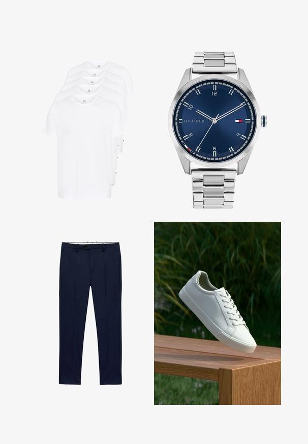 Witte T-shirts met korte mouwen gestapeld, gemaakt van katoen. Heeft een ronde hals en een rechte snit. Stof lijkt soepel zonder patronen.; Marineblauwe broek met een slim fit en een streepdessin. Beschikt over een ritssluiting, ceintuurlussen en zijzakken. Soepele stofstructuur.; Witte vetersneaker die boven een houten bank zweeft met groene bladeren op de achtergrond, waarbij het ontwerp en de textuur van de schoen worden getoond.; Zilveren metalen horloge met een geborstelde blauwe wijzerplaat, witte uurmarkeringen en een datumweergave. Voorzien van een geschakelde metalen band en het logo van het merk.