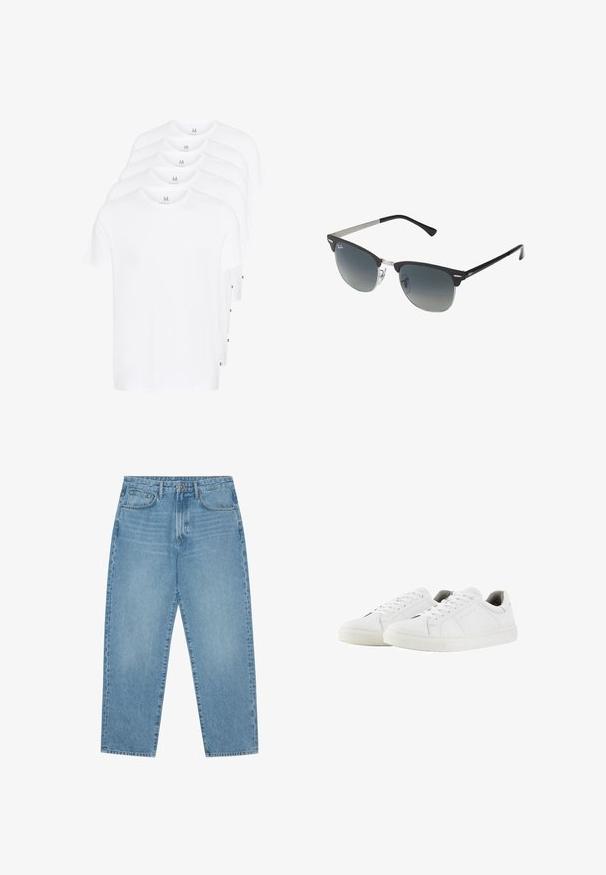 White short-sleeve t-shirts stacked, made of cotton. Features a round neck and a straight cut. Fabric appears smooth with no patterns.; Light blue denim wide-leg jeans with a high waist, featuring five pockets, belt loops, and a soft, slightly faded texture.; White sneakers with a smooth leather exterior, round toe, flat laces, and textured rubber sole. Minimalist design with subtle stitching details.; Black and silver sunglasses with a cat-eye shape, gradient lenses, and metallic accents on the frame. Plastic arms with grey tips.