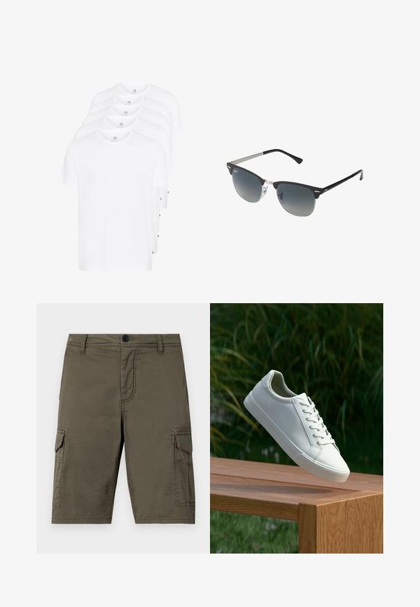 Camisetas blancas de manga corta apiladas, hechas de algodón. Presentan un cuello redondo y un corte recto. La tela parece suave y sin patrones.; Pantalones cortos de carga en verde oliva, hechos de tejido texturizado, con dos bolsillos laterales y cierre frontal de botón. De longitud media y corte recto.; Zapatilla blanca con cordones flotando sobre un banco de madera con follaje verde al fondo, mostrando el diseño y la textura del zapato.; Gafas de sol negras y plateadas con forma de ojo de gato, lentes degradados y acentos metálicos en la montura. Patillas de plástico con puntas grises.