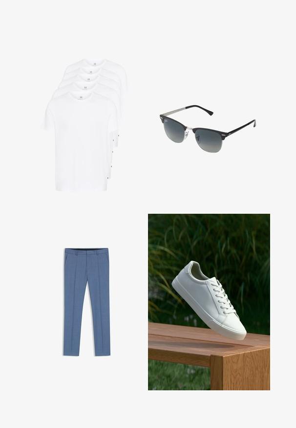 Weiße Kurzarm-T-Shirts gestapelt, aus Baumwolle gefertigt. Eigenschaften umfassen einen Rundhalsausschnitt und einen geraden Schnitt. Der Stoff wirkt glatt und hat keine Muster.; BOSS H-GENIUS-B1 - Stoffhose - light blue three; Weiße Schnürsneaker, die über einer Holzbank mit grünem Laub im Hintergrund schweben und das Schuhdesign sowie die Textur zeigen.; Schwarze und silberne Sonnenbrille mit Katzenaugenform, verlaufenden Gläsern und metallischen Akzenten im Rahmen. Plastische Bügel mit grauen Spitzen.