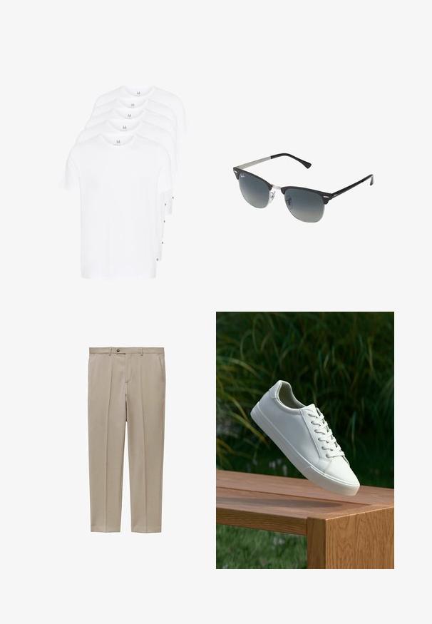 Bijele majice kratkih rukava složene, napravljene od pamuka. Imaju okrugli izrez i ravni kroj. Tkanina izgleda glatko bez uzoraka.; Bež hlače od lagane tkanine, s ravnim krojem, prednjim nabora i jednim dugmetom za zatvaranje na struku.; Bijele tenisice s vezicama lebde iznad drvenih klupa uz pozadinu zelenog lišća, prikazujući dizajn i teksturu obuće.; Crne i srebrne sunčane naočale s oblikom mačjih očiju, lećama s gradijentom i metalnim detaljima na okviru. Plastične ručke s sivim vrhovima.