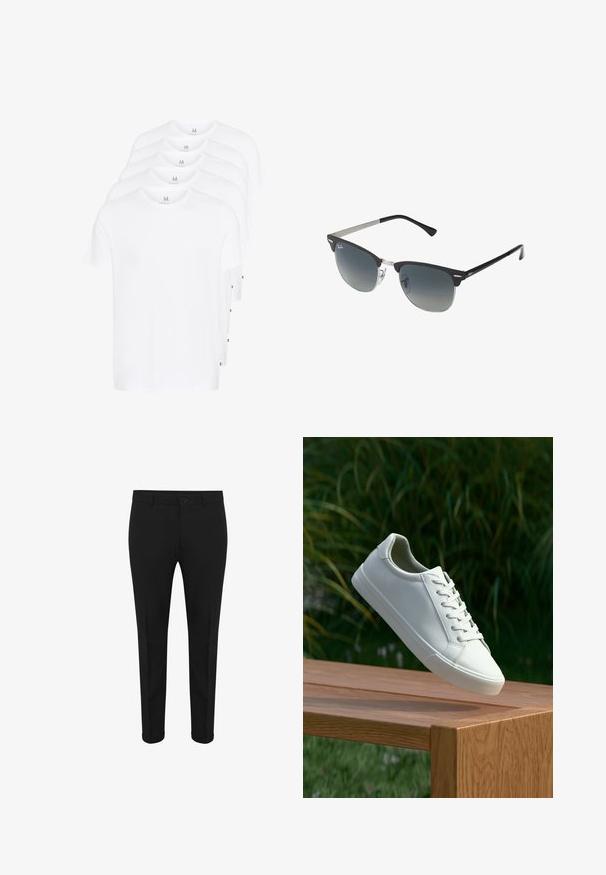 Bílé trička s krátkým rukávem poskládaná, vyrobená z bavlny. Mají kulatý výstřih a rovný střih. Tkanina vypadá hladce, bez vzorů.; Černé upravené kalhoty s úzkým střihem, s předním zipem, zapínáním na knoflík a ohrnutými lemy. Hladká látka s lesklým povrchem.; Bílé šněrovací tenisky, které se vznášejí nad dřevěnou lavicí, s zeleným listím v pozadí, předvádějící design a strukturu boty.; Černé a stříbrné sluneční brýle ve tvaru kočičích očí, se stupňovitými skly a kovovými detaily na rámu. Plastové nožičky s šedými konci.