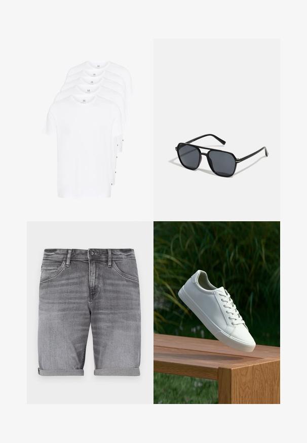 White short-sleeve t-shirts stacked, made of cotton. Features a round neck and a straight cut. Fabric appears smooth with no patterns.; Gray denim shorts with a slightly faded finish, rolled cuffs, five-pocket design, and a metal button closure at the waist.; White lace-up sneaker hovering above wooden bench with green foliage in the background, showcasing shoe design and texture.; Black sunglases with octagonal frame, dark lenses, glossy finish, thin temples, and gold accents on the front.