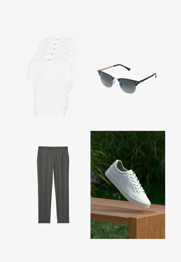 Balti trumpikės su trumpomis rankovėmis, sudarytos iš medvilnės. Turi apvalų kaklą ir tiesų kirpimą. Audinys atrodo lygus, be raštų.; Pilkos pritaikytos kelnės, pagamintos iš tekstūruotos medžiagos. Savybės: lygus priekis, dvi šoninės kišenės ir subtilios siuvimo detalės.; Baltos raištelinės sportbačiai, pakabinti virš medinės suolo su žaliais lapais fone, parodantys batų dizainą ir tekstūrą.; Juoda ir sidabrinė akiniai nuo saulės su katės akies forma, gradientinės lęšiai ir metalinės detalės ant rėmo. Plastikiniai šonai su pilkais galiukais.